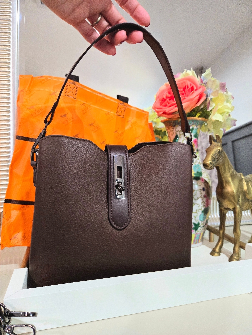 Brown Soft Faux Leather Multi-Compartment Crossbody Bag With Turn Lock, NEW